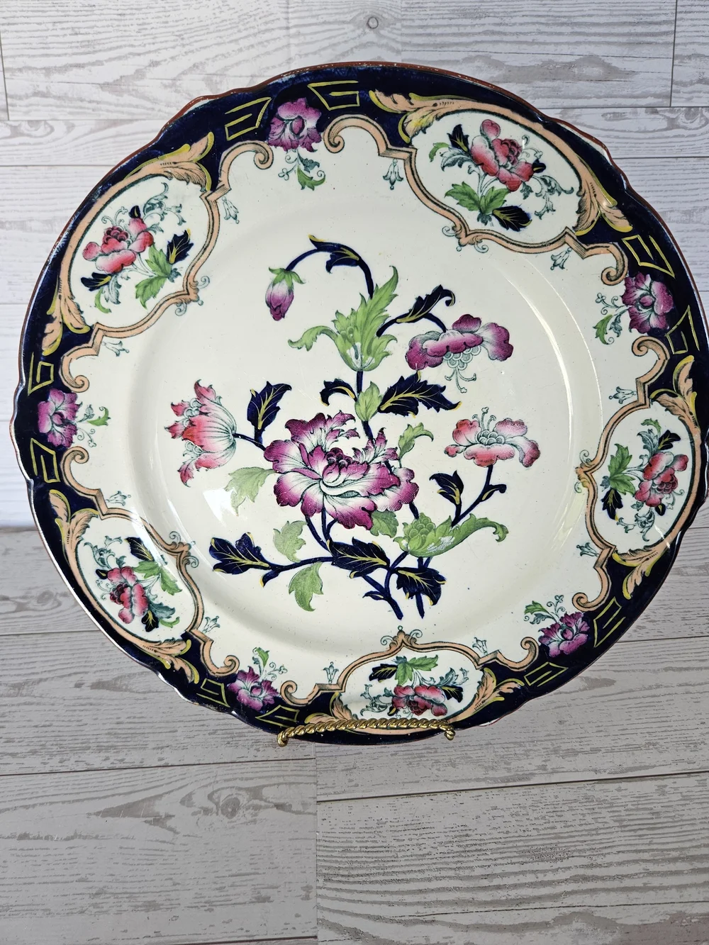Antique Cauldon England Ironstone Plate Floral Indian Tree Cobalt Blue Gold
